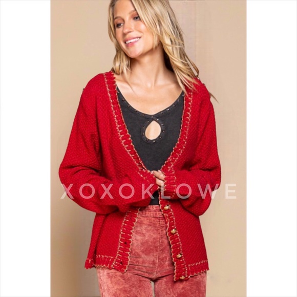 POL Red Button Front Cardigan with Sparkly Gold Trim - Picture 1 of 16